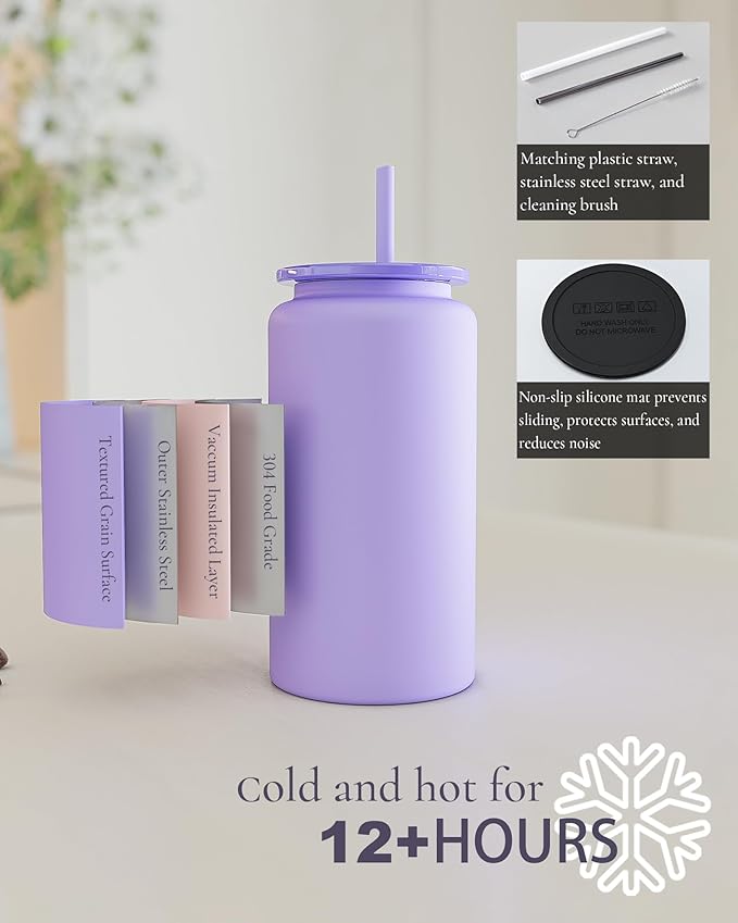 16oz Glass Cups With Lids and Straws, Stainless Steel Beer and Iced Coffee tumbler, Pink (Textured Matte Finish, Not Sublimatable)