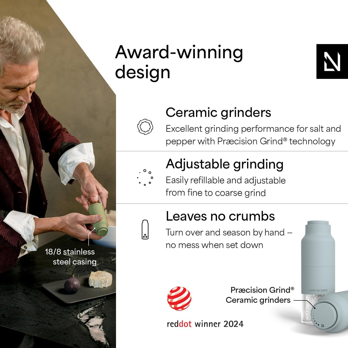 LARS NYSØM Salt and Pepper Grinder Set, Stainless Steel Manual Salt and Pepper Mills, Adjustable Ceramic Grinder, Design Spice Shakers (Sky Blue)