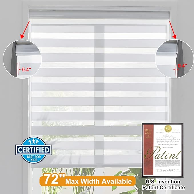 Persilux Zebra Blinds Cordless, Zebra Roller Shades for Windows (19" W x 64" H, White) Light Filtering Day and Night Window Drapes Sheer Shades for Home, Bedroom and Sliding Door