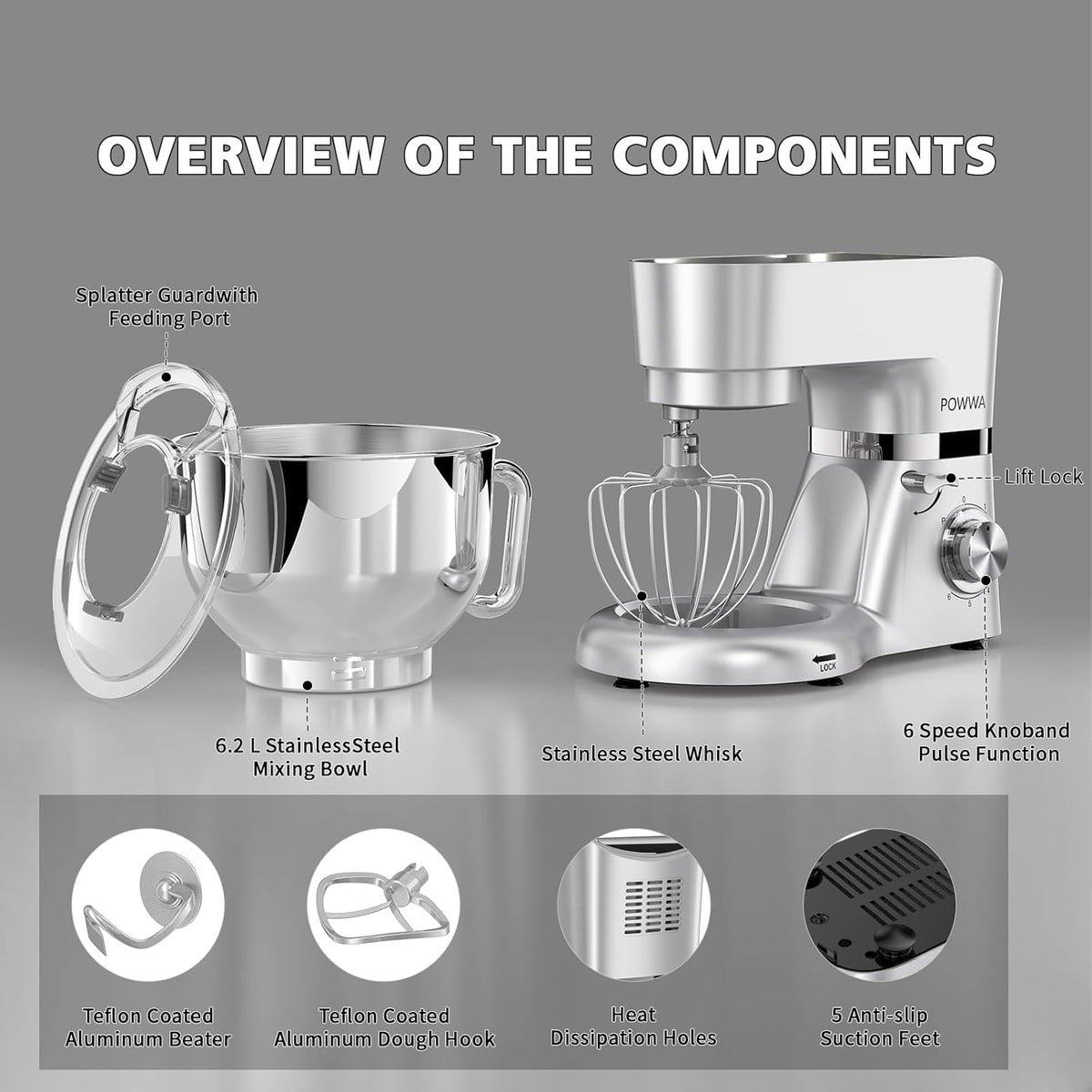Stand Mixer, POWWA 7.5 Quart Electric Mixer, 6+1 Speed 660W Tilt-Head Kitchen Food Mixers with Whisk, Dough Hook, Mixing Beater & Splash Guard for Baking, Cake, Cookie (Silver-with Handle)