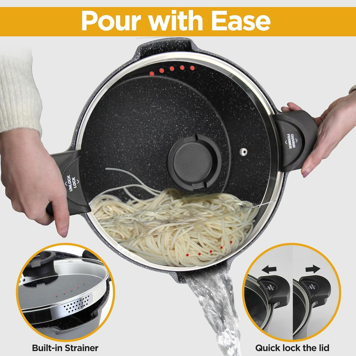 8.5QT Pasta Pot with Strainer Lid, 11'' Cast Aluminum Nonstick Multipurpose Stock Pot Spaghetti, Self-Draining Cooking Pot with Insulated Handles for Soup, and Boiling