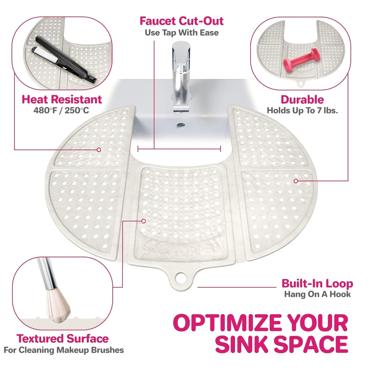 Sink Topper Bathroom Counter Cover & Storage Saver, Foldable Silicone Mat for Hot Tools, Hair Styling & Makeup, Beauty Brush Cleaning Mat, RV Camper Sink Cover & for Small Spaces (Standard Pearl)