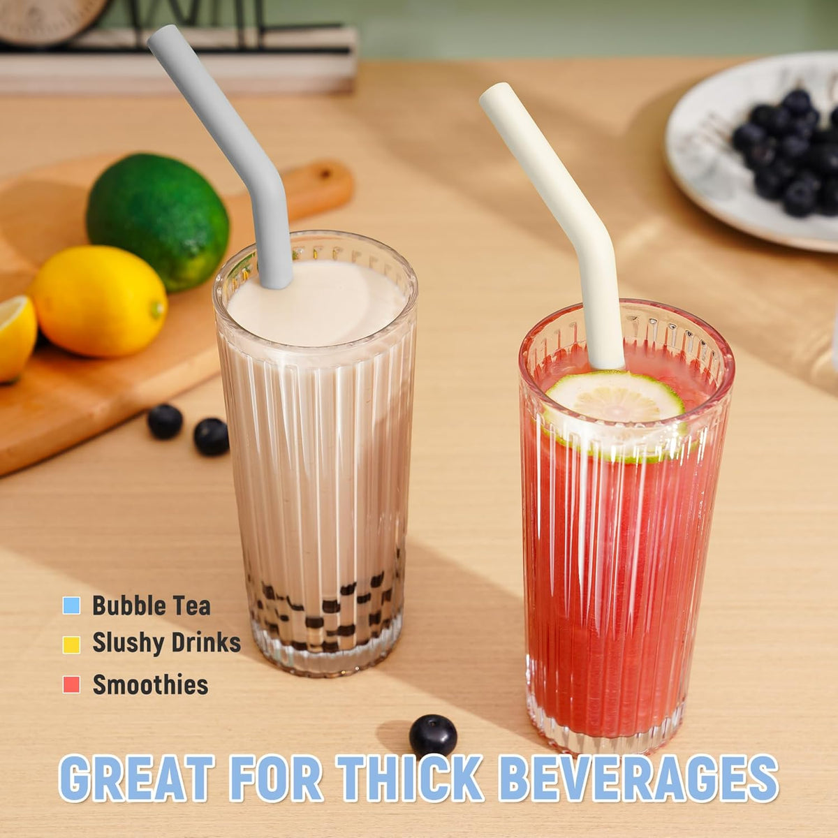 NiHome 6PCS Extra Wide Reusable Bent Silicone Straws for Boba, Smoothies, Bubble Tea, Bent Straws for Thick Drinks, Child-Safe, Customizable Length, 2 Brushes Easy Cleaning (Black, White & Gray)