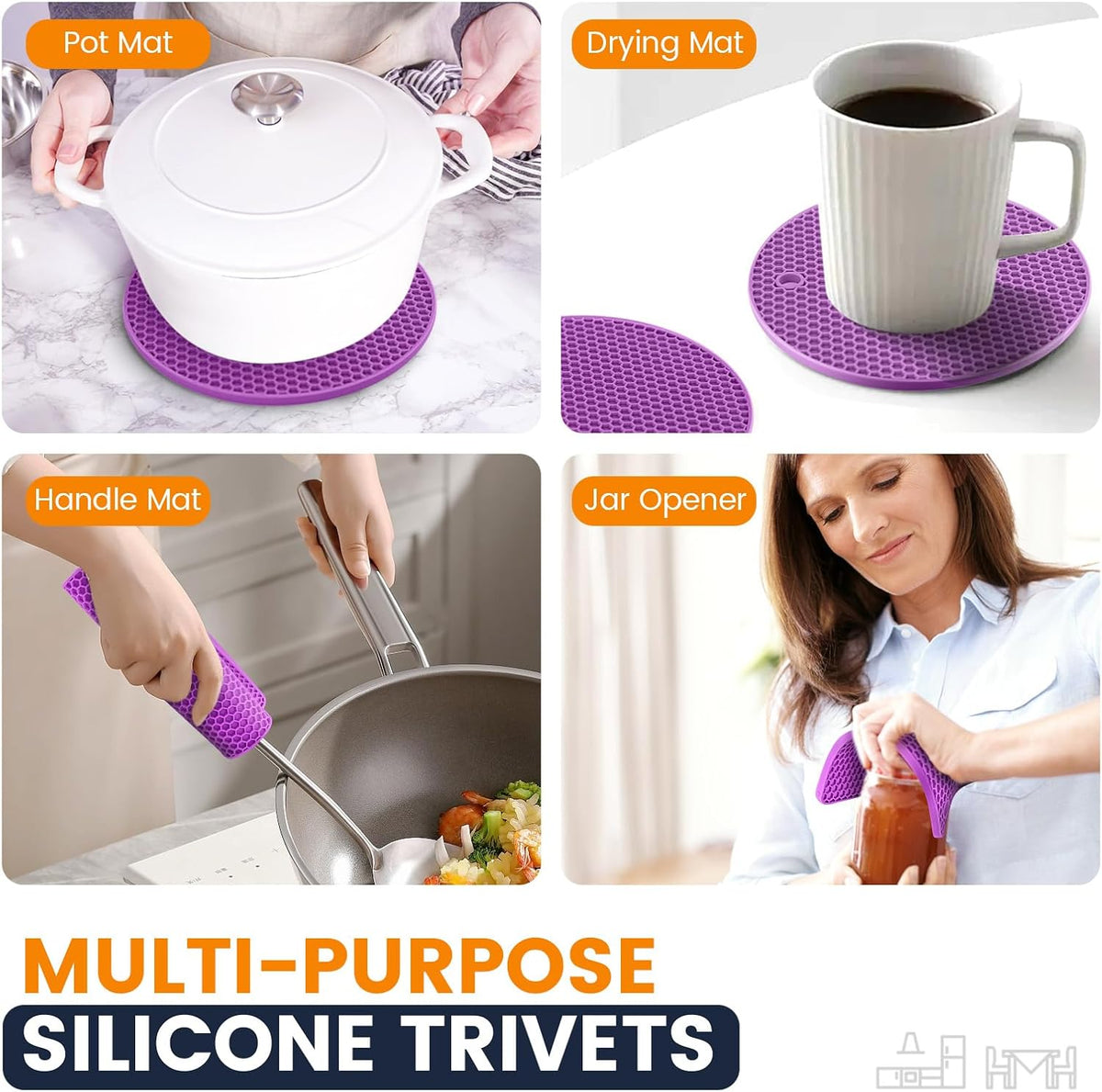 Silicone Trivet Mats 4 Heat Resistant Pot Holders Multipurpose Non-Slip Hot Pads for Kitchen Potholders, Drying mat, Jar Opener, Spoon Holder, Coaster(Violet)