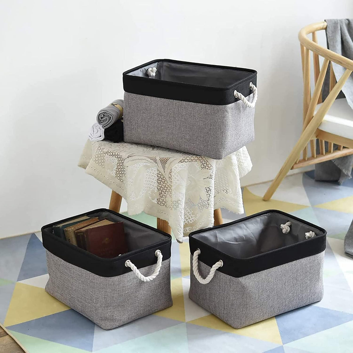 TheWarmHome Storage Basket for Organizing- 16x12x8 inch 1 Pack Fabric Storage Cubes, Bins for Organization for Shelves Organizer Gift Laundry Cloth Toy (Grey & Black)
