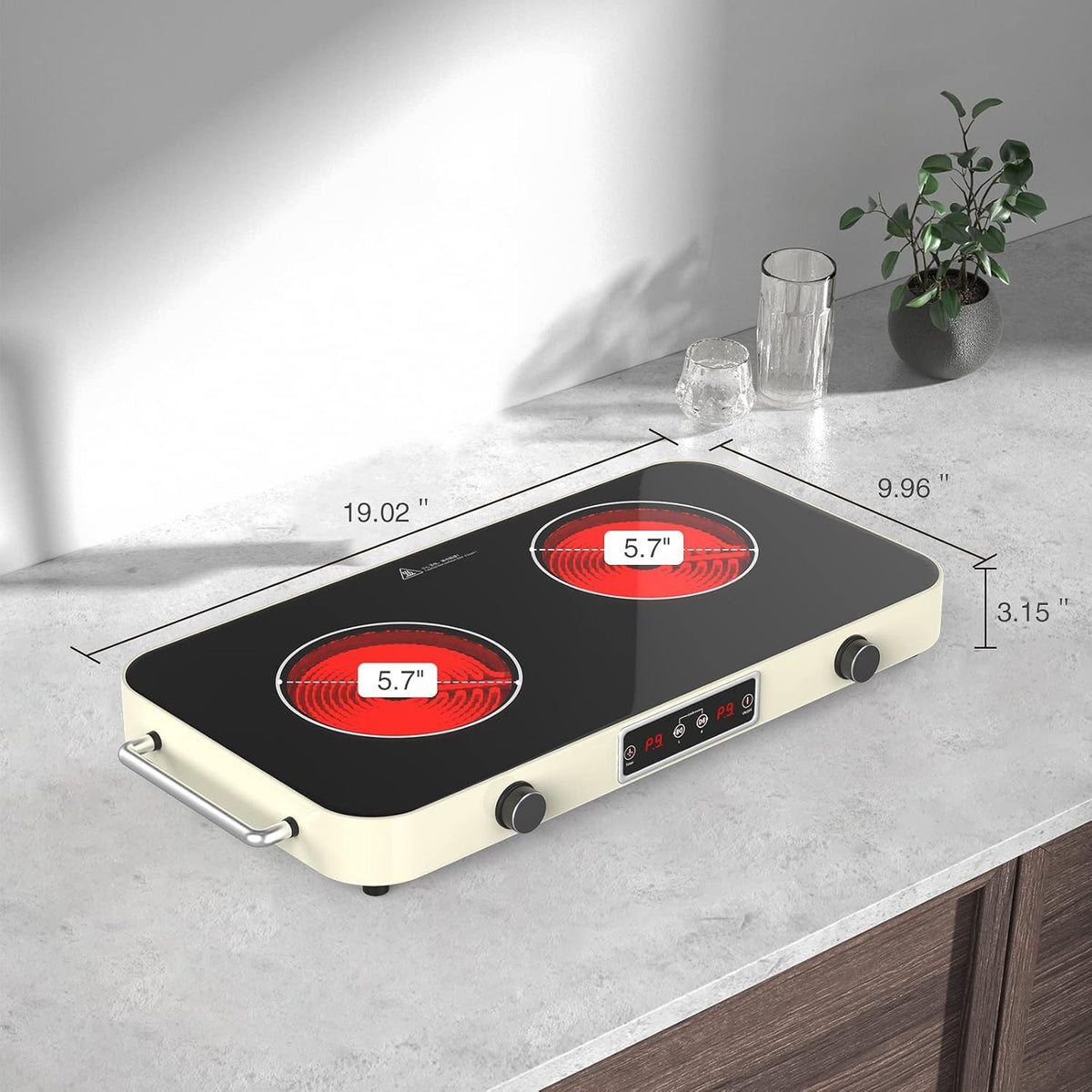 2200W Electric Cooktop 2 Burners: 12 Inch Portable Hot Plate Electric Stove Top - 110V/120V Double Burner Countertop with Timer, Knob Control, 9 Heating Levels, for All Cookware