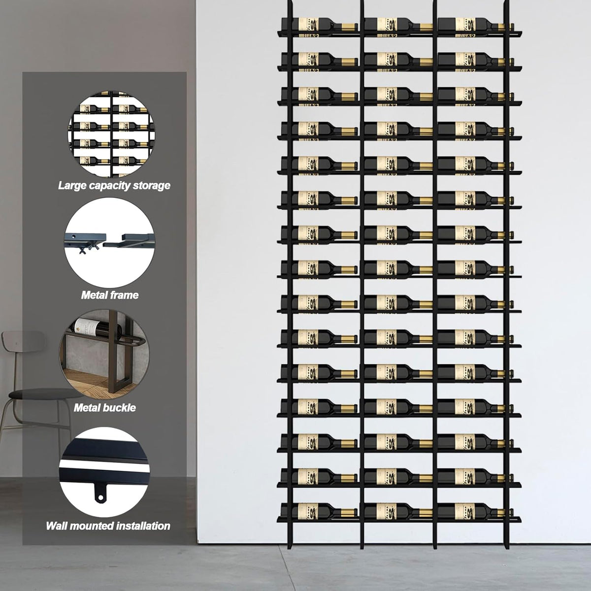Wine Rack Freestanding Floor, 16 Tier 48 Bottle Capacity Display Holder, Black Industrial Wine Bottle Storage Shelves, for Any Bar, Wine Cellar, Kitchen, Dining Room (Black, 3 Column)