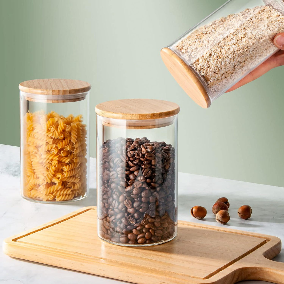 32 FL Oz Glass Jars with Bamboo Lid Set, 4Pack UPGRADE Thick Glass Pantry Storage Canisters Kitchen Clear Food Containers, for Dry Foods Nut Meal Prep Coffee Bean Candy Sugar Cookie Cereal