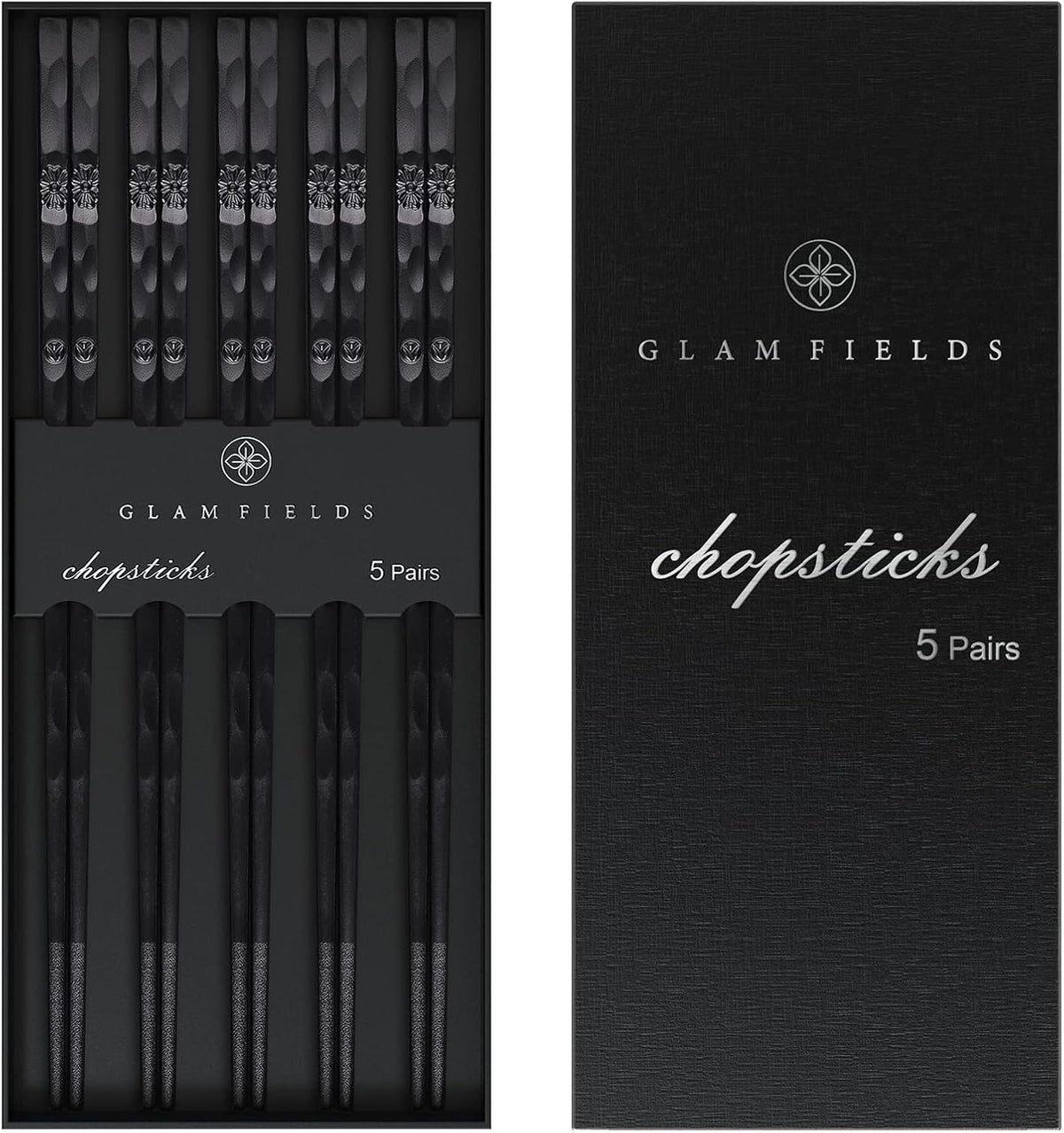 5 Pairs Japanese Fiberglass Chopsticks, GLAMFIELDS Reusable Chop sticks Dishwasher Safe, Non-slip, 9 1/2 inches - Gift Set Black