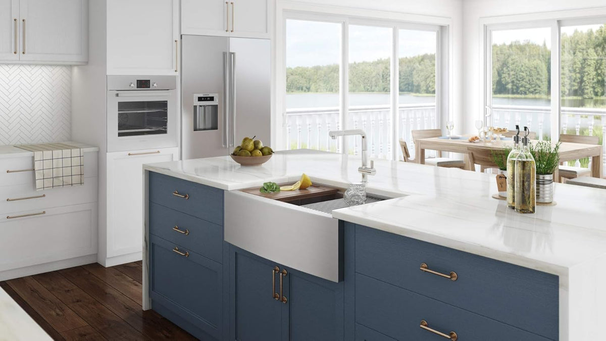 Ruvati 36-inch Rounded Corners Apron-front Workstation Farmhouse Kitchen Sink - 16 Gauge Stainless Steel Kitchen Sink Single Bowl with Brushed Finish hides scratches - RVH9300