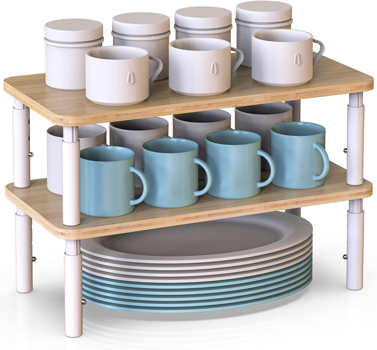 Cabinet Organizer Shelf, Spice Rack Set of 2 Kitchen Pantry Cupboard Shelves, Stackable, Height Adjustable, Natural Bamboo (15.6" Wx77.Dx6.57 H per Pack)