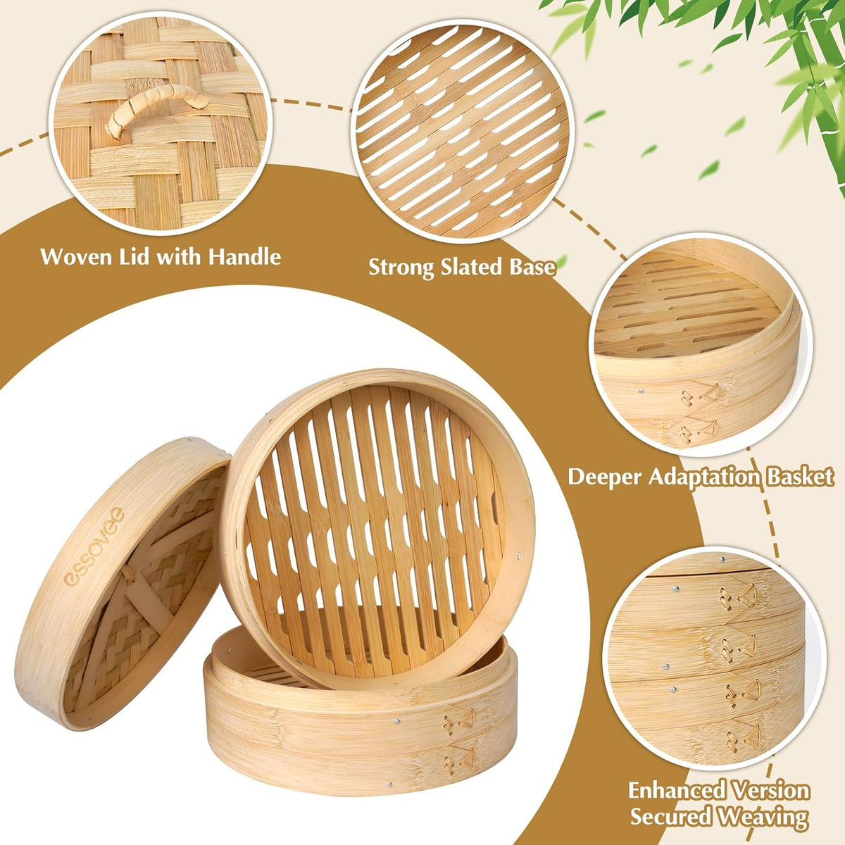 Bamboo Steamer 2 Tier 10-Inch Steaming Basket, Bun Vegetable Steam, Dumpling Steamer Bamboo Steam Basket, Chopsticks, Reusable Silicone Liner, Ring Adapter, for Chinese Asian Cuisine