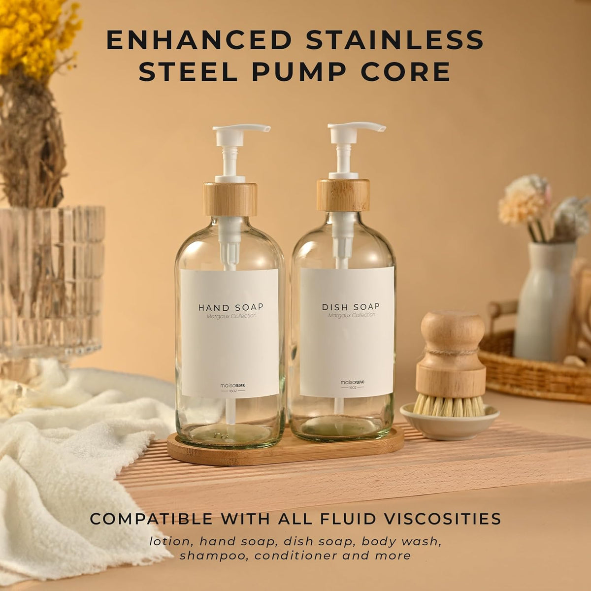 Maisonovo Glass Soap Dispenser Bathroom Set | Hand Soap and Dish Soap Dispenser Set | 16.9oz Clear Bottles with White Bamboo Pump | Bathroom Lotion Dispenser with Pump Set of 2