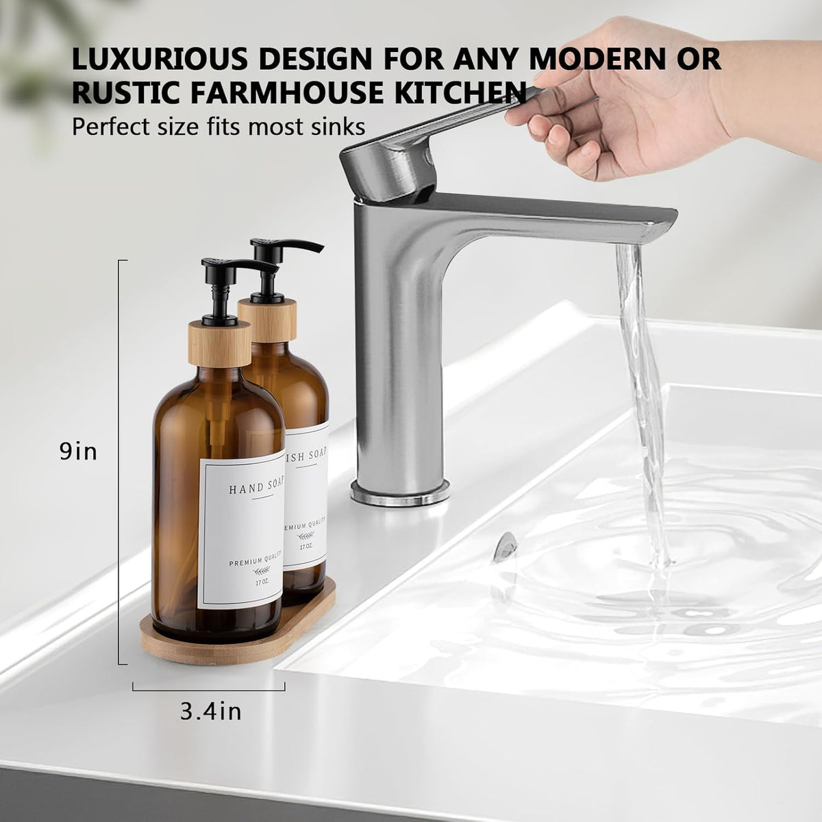 Amber Glass Soap Dispenser - Dish Hand Soap Dispenser for Kitchen Set, Soap Lotion Dispenser Bathroom with Sturdy Pump and Tray, 14 Waterproof Labels,Refillable Dispenser-Amber