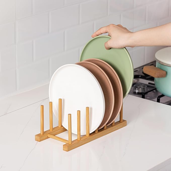 HBlife 4pcs Bamboo Dish Plate Bowl Cup Book Pot Lid Cutting Board Drying Rack Stand Drainer Storage Holder Organizer Kitchen Cabinet（Keep Dry）