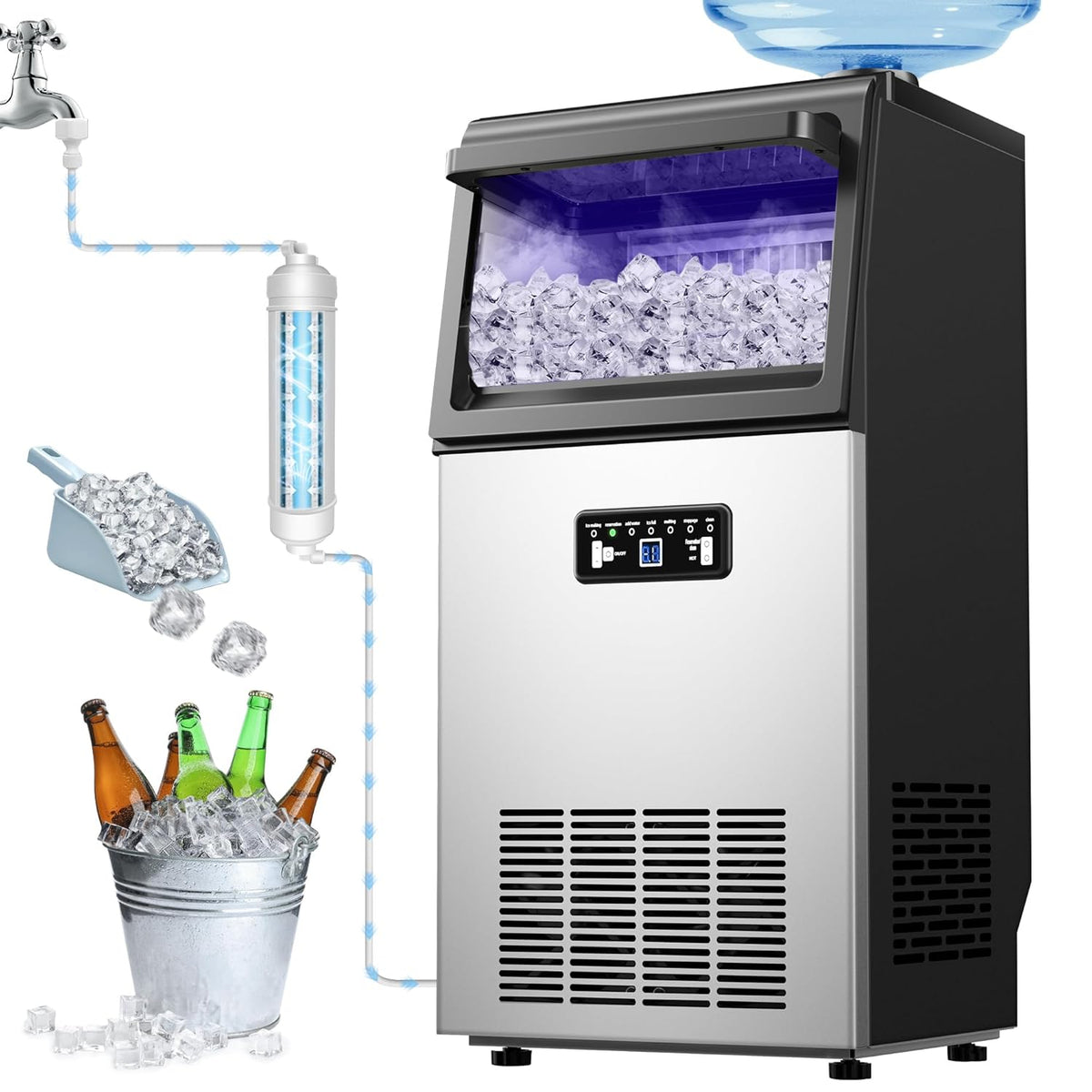 Commercial Ice Maker Machine 100LBS/24H with 20LBS Ice Storage, Stainless Steel Freestanding/Undercounter Ice Machine 36Pcs Ice with Two Water Inlet Modes Self-Cleaning for Homes Restaurants Bars