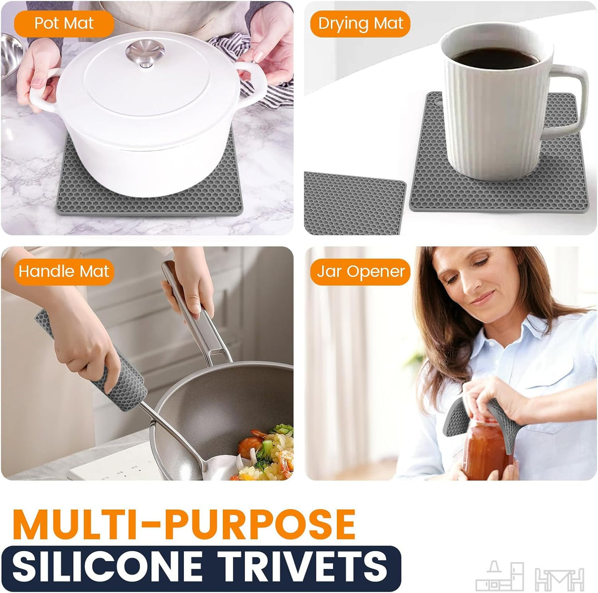 Silicone Trivet Mats 4 Heat Resistant Pot Holders Multipurpose Non-Slip Hot Pads for Kitchen Potholders, Drying mat, Jar Opener, Spoon Holder, Coaster.(Grey)