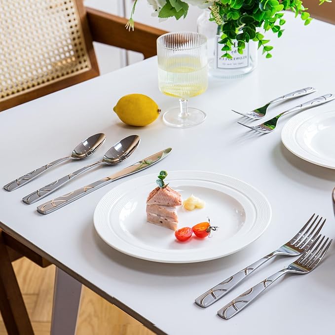 HIKAA 36PCS Stainless Steel Silverware Set with Steak Knives, Modern Flatware Set for Kitchen, Mirror Polished Cutlery Set with Forks, Spoons and Knives，Dishwasher Safe