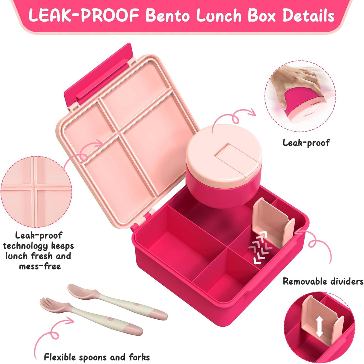 Bento Lunch Box with 8oz Soup Thermo, Leak-Proof Lunch Containers with 4 Compartment, Thermo Hot Food Jar and Insulated Lunch Box for School Pink