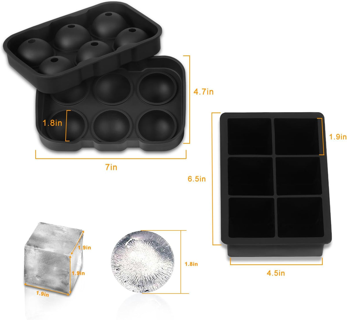 Ice Cube Trays (Set of 2), Sphere Ice Ball Maker & Square Large Ice Cube Molds, Freezer Molds for Whiskey, Cocktails, Homemade Drinks‌‌-Reusable & BPA Free