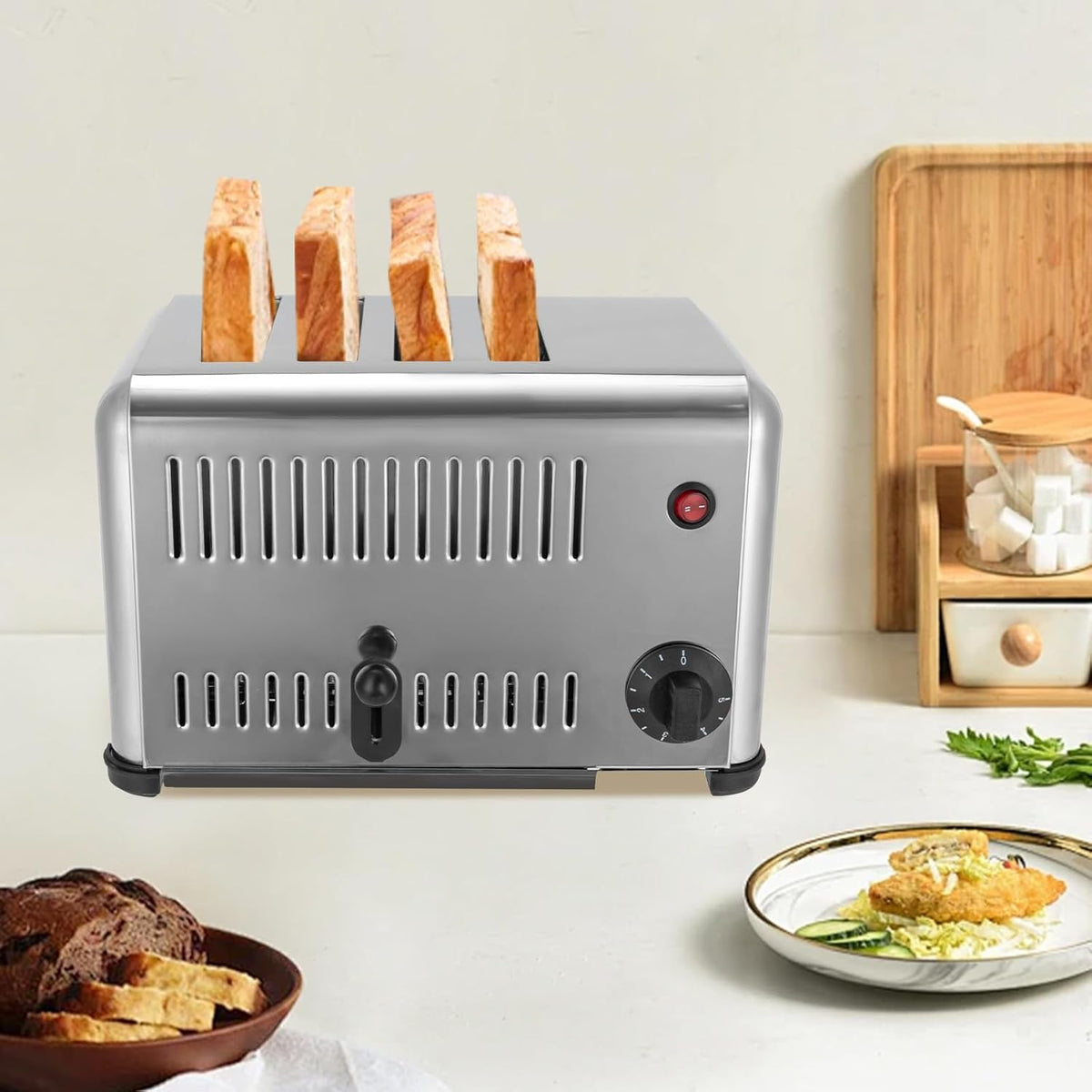 4 Slice Toaster with Wide Slots Commercial Toasters for Restaurant Pop-up Bread Baking Machine 1650W Stainless Steel Toaster Countertop for Toast, Sandwiches, Meatloaf