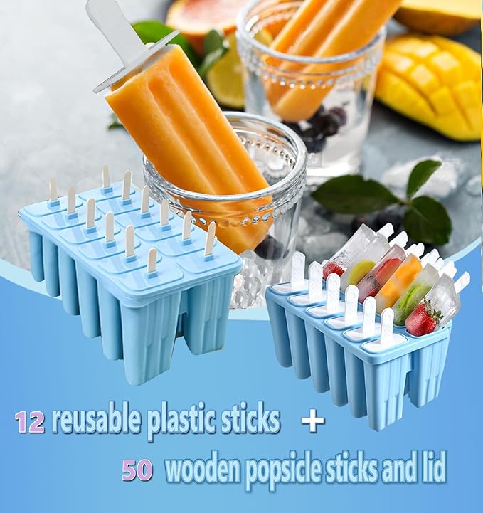 2 Sets of 12 Cavity Silicone Popsicles Molds with Brush 100 pcs Sticks Blue Green