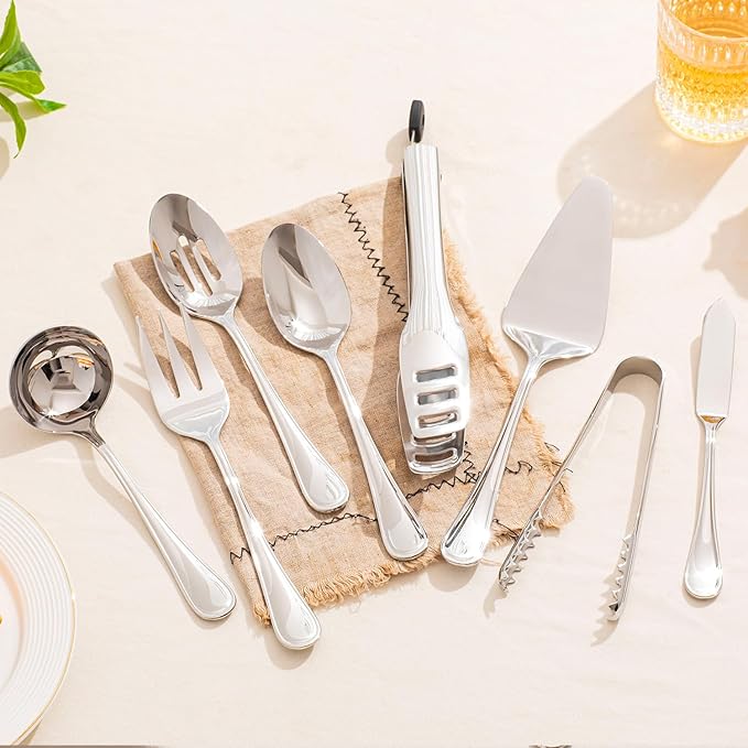 KINGSTONE 16 Piece Teardrop Serving Utensils Set, 18/10 Stainless Steel Serving Utensils, Slotted Spoons, Forks, Tongs, Cake Server, Butter Knife for Buffet, Catering, Wedding, Party
