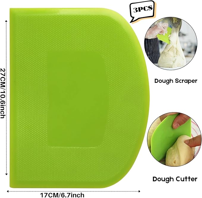 SURDOCA Dough Scraper Bench Scraper - 3P 10.6x6.7" Plastic Flexible Bowl Scraper, Sharp Edge & Angles Cake Scraper. Non-Slip Bakeware Decorating Tools Sculpting & Modeling Tools - Green+Yellow+Green