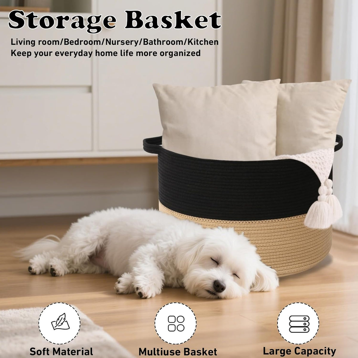 Large Blanket Basket for Organizing,65L Closet Organizers and Storage Bins Box for Shelves Woven Rope Storage Baskets,Living Room,Bedroom,Dorm,Laundry room (Black&Camel)