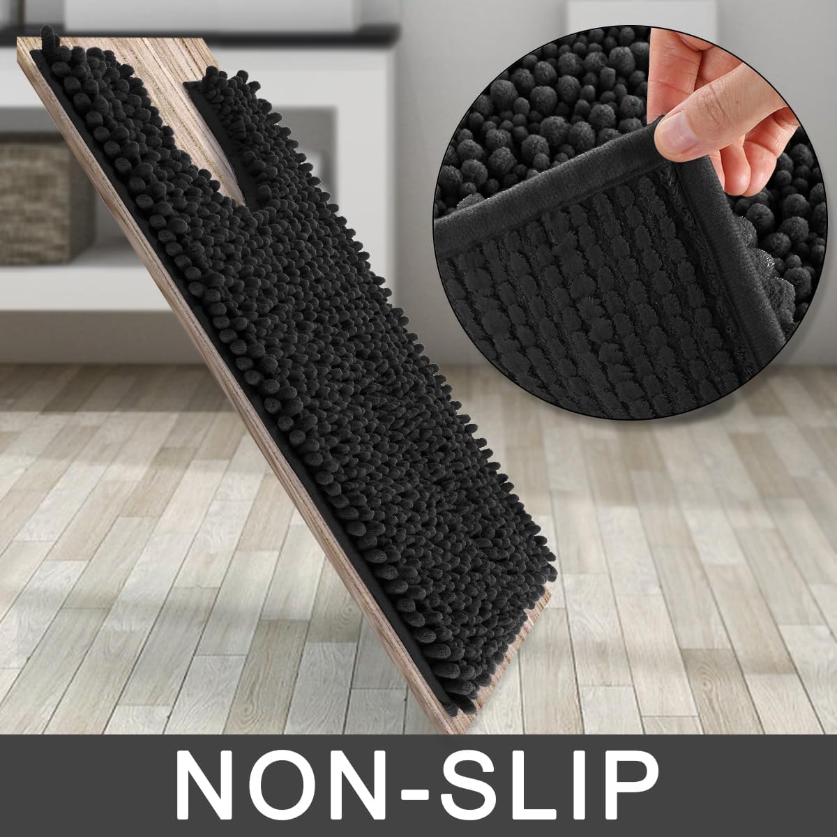 Yimobra Toilet Rug U Shaped Washable 24x20 Inch - Ultra Soft Absorbent Chenille Bath Rugs for Toilet, Quick Dry & Machine Washable, Non Slip Contour Bathroom Mat, Black