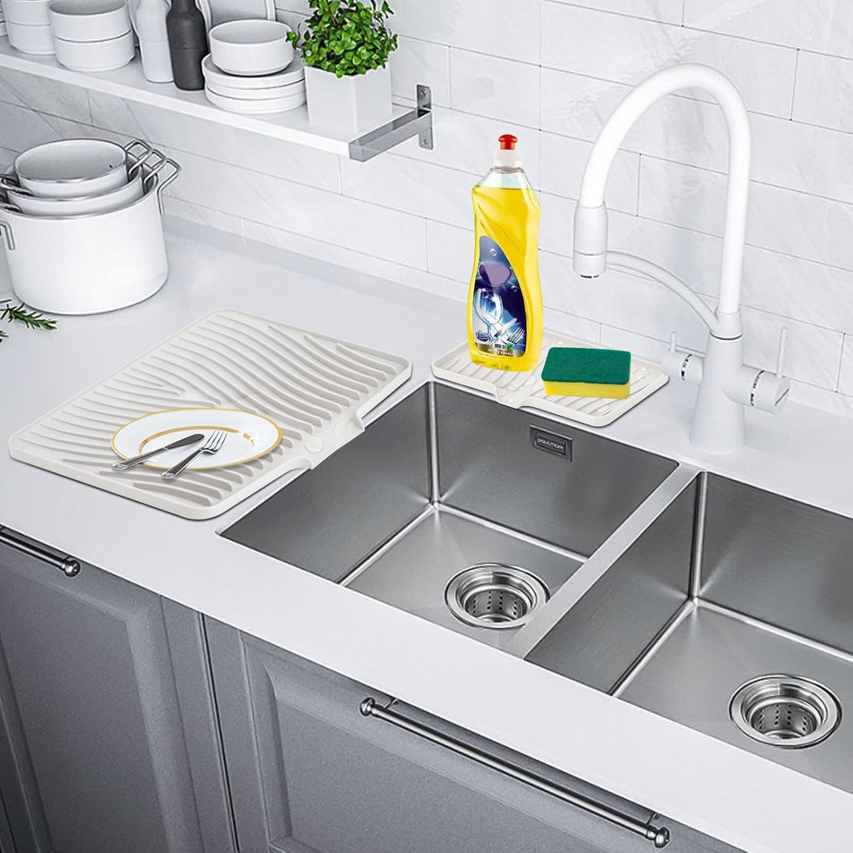 Silicone Dish Drying Mat for Kitchen Counter, Dish Drying Pad, Non-Slip Drain Pad with Built-in Drain, Heat Resistant Stone Drying Mat, 3 pcs (Cream)