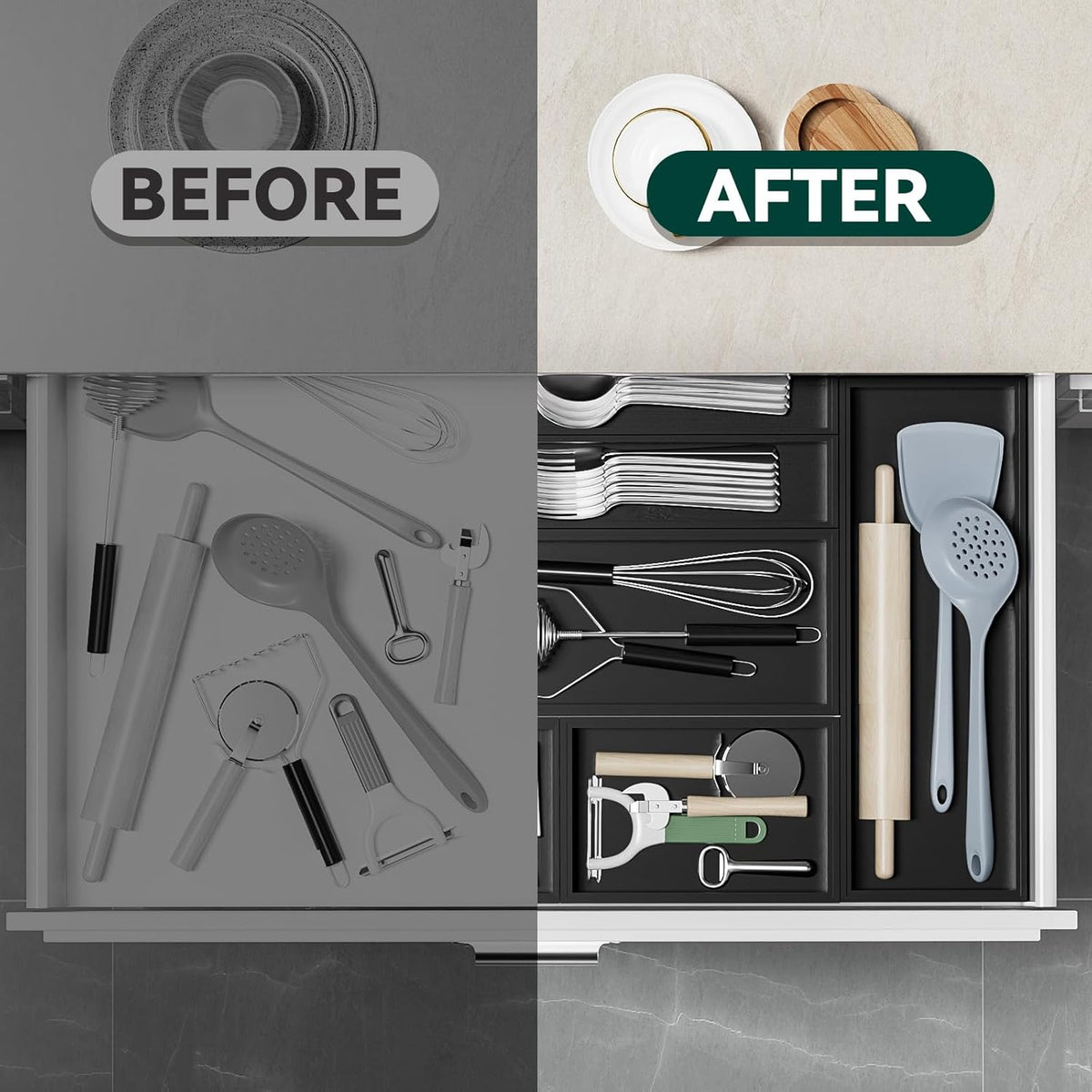 Bamboo Drawer Organizer, Small Silverware for Kitchen Drawer, Stackable Utensil Organizer, 2 Pcs Flatware Organizer, Wooden Storage Box Tray (Black, 6 X 3 X 2 Inch)