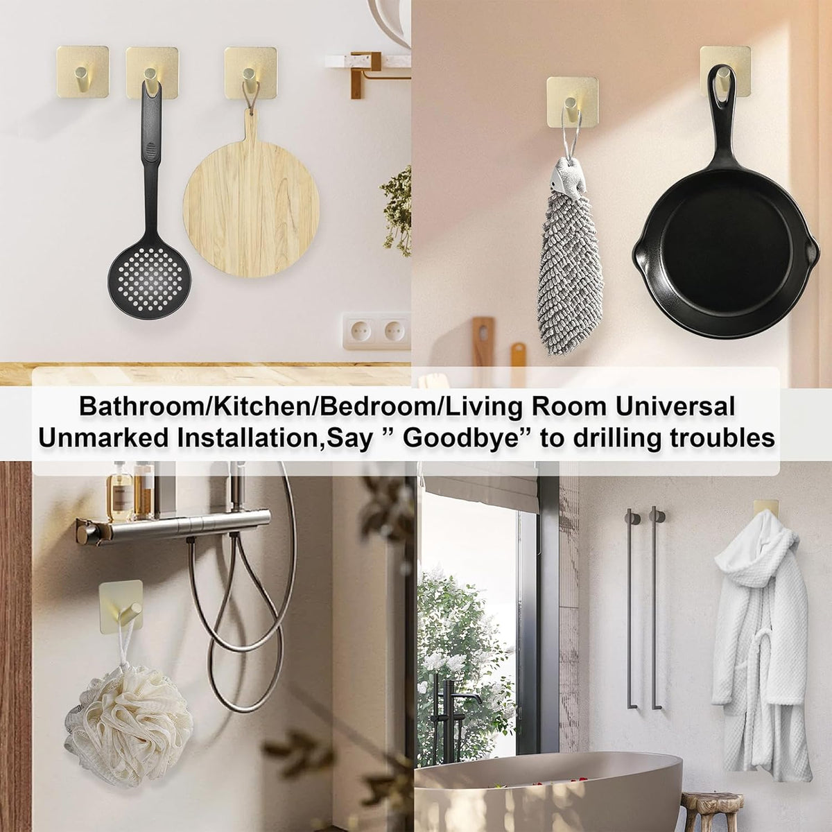 Aluminum Wall Hooks, No Drill Damage-Free Adhesive Hook, Product for Hanging Heavy Duty for Bathroom Kitchen Home (Slanting Square Gold Hook, 4)