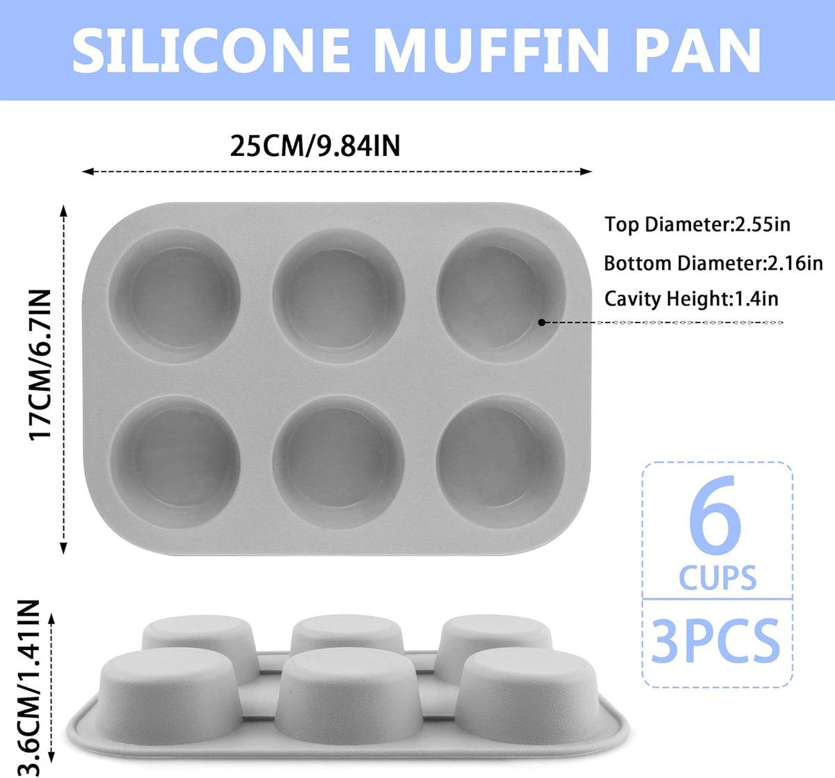 3-Pack 6-Cup Silicone Muffin Pans, Nonstick Cupcake Baking Molds, BPA/PFA-Free, Dishwasher & Oven Safe - Gray