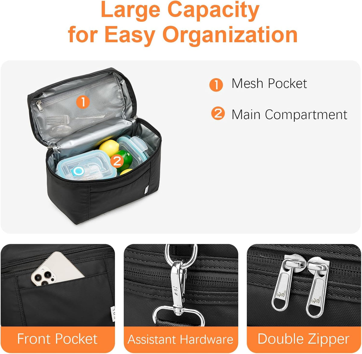 NOL Natural Organic Lifestyle Small Insulated Lunch Bags for Women Cooler Bag Lightweight Nylon Waterproof Lunch Box For Work（Small，Black）