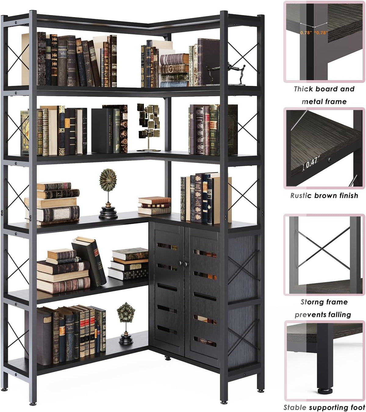 6-Shelf Corner Bookshelf, Vintage Industrial Corner Shelf Etagere Bookcase, Large Book Shelf with Metal Frame Open Storage Corner Cabinet (Black-Lockers)