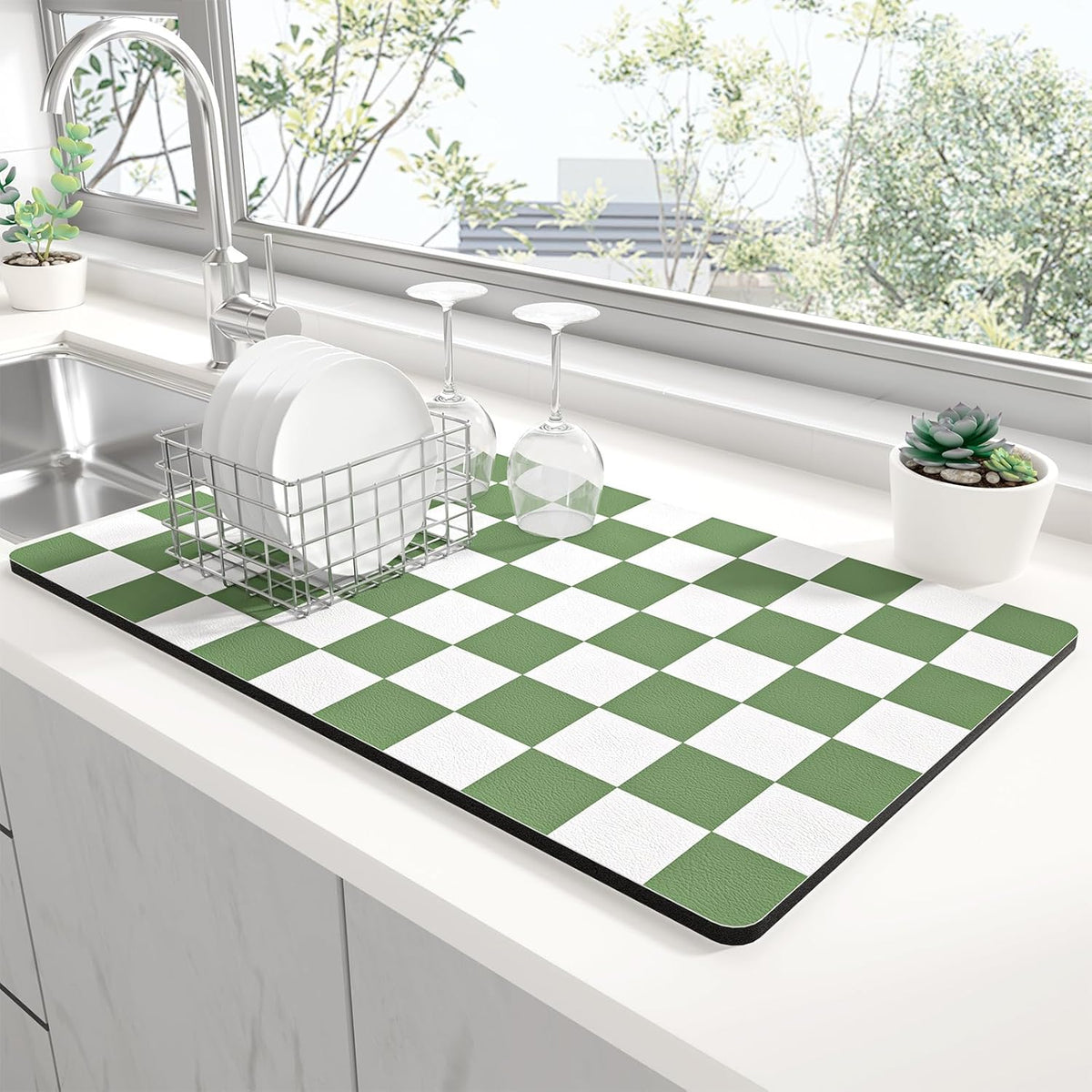Rnivvi Dish Drying Mat for Kitchen Counter, XL 15 x 24" Cute Checkered Absorbent Draining Pad, Non-Slip Heat Resistant Coffee Bar Mat for Coffee Machine Station Accessories, Green White Dish Rack Pad