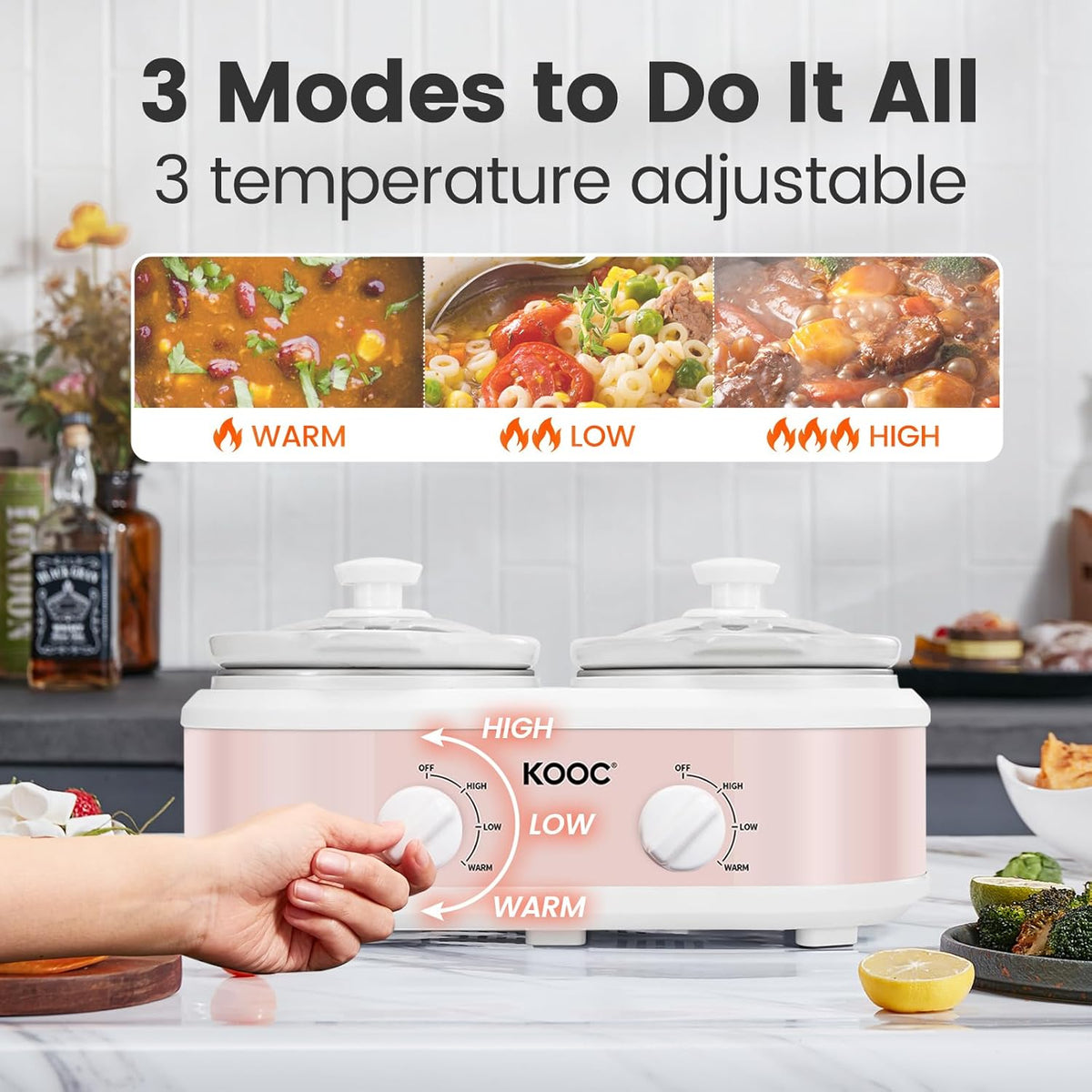 KOOC Double Small Slow Cooker, Buffet Server and Warmer, 2 Mini Pots with 3 Individual Adjustable Temp, Dual Ceramic Pots, Free Liners for Easy Clean-up, Stainless Steel, Total 2.5 Quart, Pink, Round