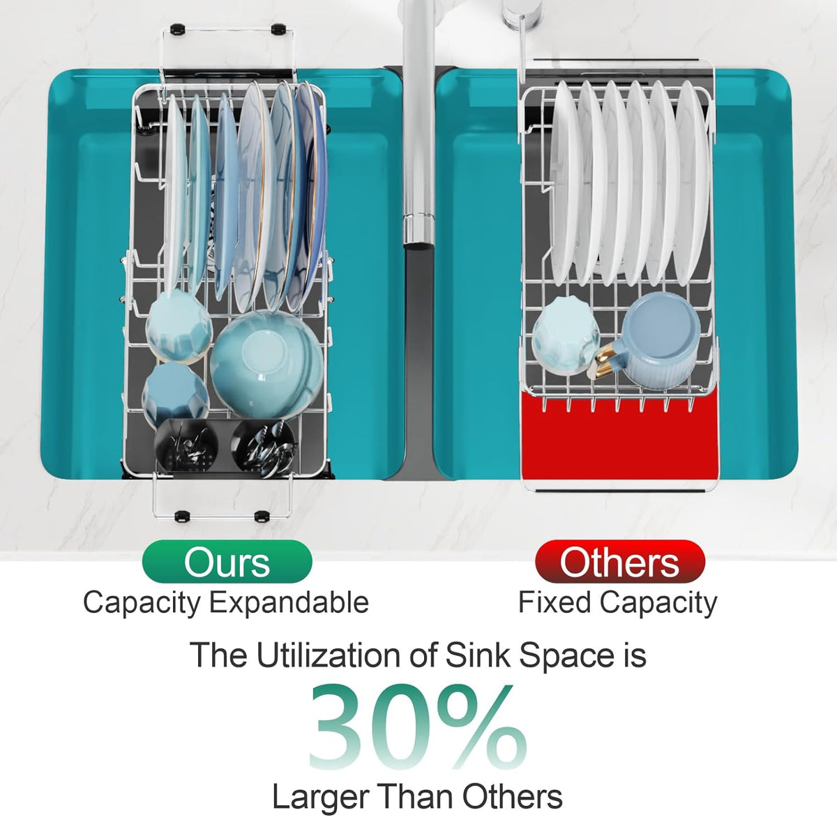 GSlife Expandable in Sink Small Dish Drying Rack - Stainless Steel Capacity Adjustable Over The Sink Dish Rack with Cup Holder and Utensil Holder, 12"~16.8" L x 10.4" W, Silver