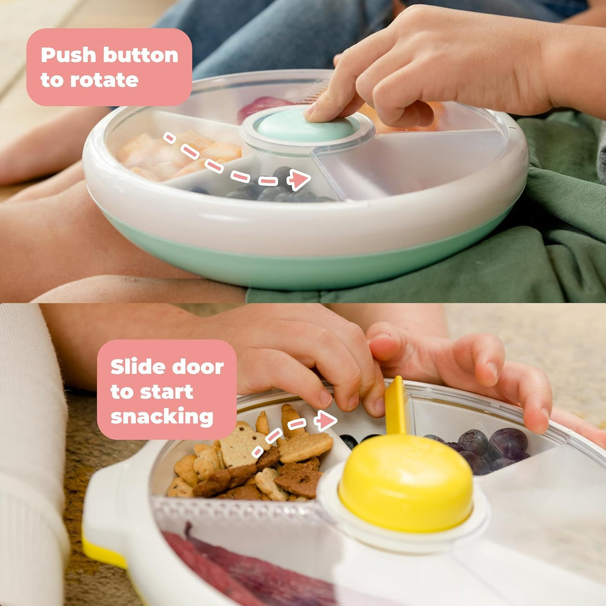 GoBe Kids Large Snack Spinner Slide Bundle with Hand Strap and Sticker Sheet - Reusable Snack Container with 4 Compartment Dispenser and Lid | BPA/PVC Free | Dishwasher Safe | No Spill - Mint Green