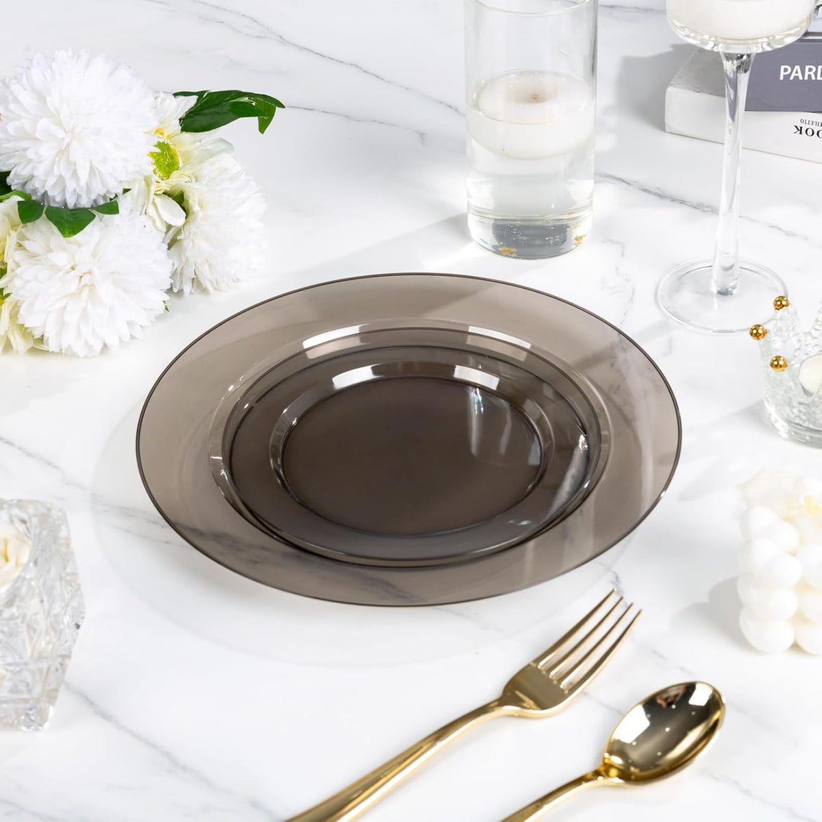 I00000 102 Pcs Clear Black Plastic Plates, Black Disposable Party Plates Include 51 Dinner Plate 10’’ and 51 Dessert Plate 7’’ Perfect for Birthday, Party & Wedding