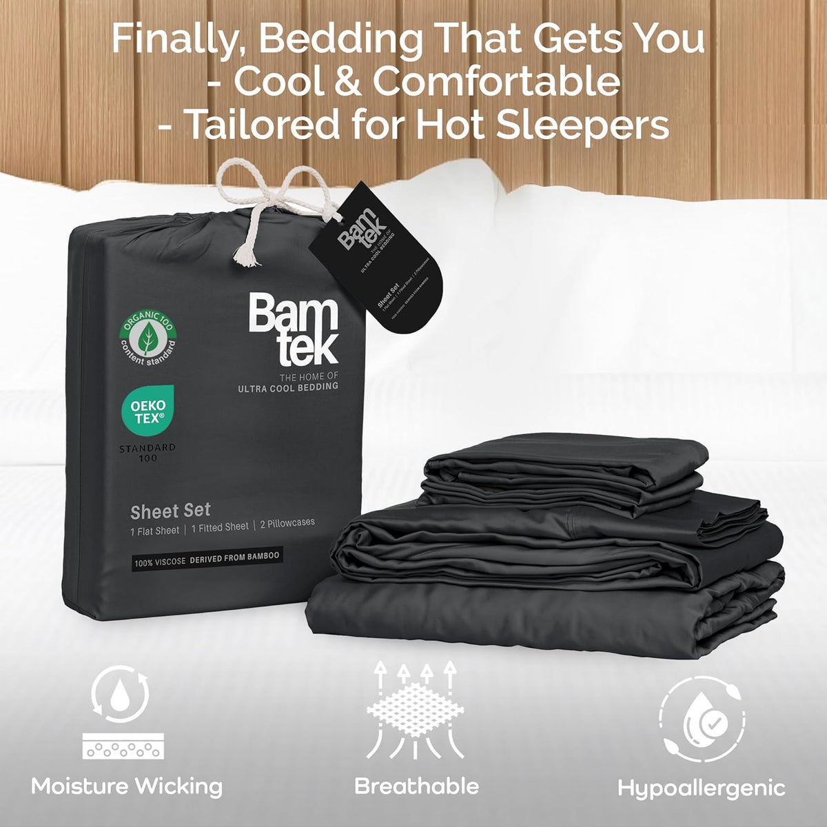 100% Viscose from Bamboo Sheets Queen Size, Super Soft Bedding Set, 4PC Cooling Sheets for Hot Sleepers, Vegan Silk Moisture Wicking, Organically Grown Bedsheet - Charcoal - 60" x 80"