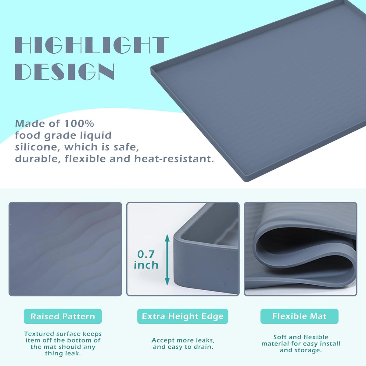 URMONA Waterproof Silicone Under Sink Mat 22'' x 22'' Shelf Liner for Kitchen and Bathroom, Cabinet and Counter Protector, Storage and Organizers, Litter Mat, Pet Cat Puppy Essentials(Dark Grey)