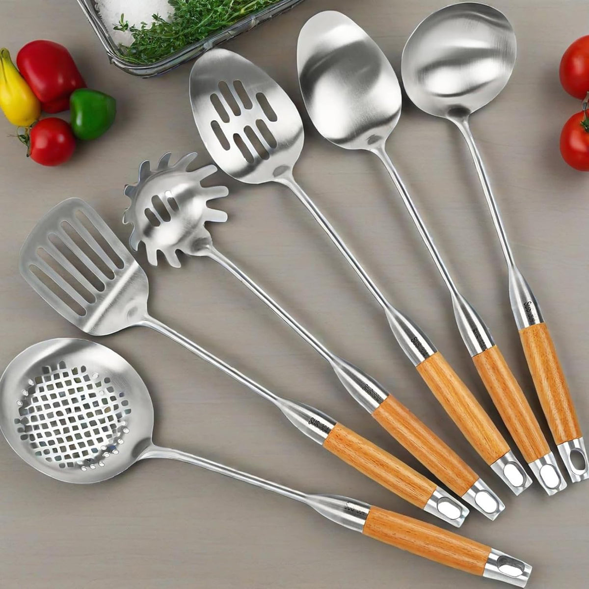 18/8 Stainless Steel Kitchen Utensils Set with Wood Handle, 6 Pcs 15 inch Cooking Utensils Tools, Turner, Ladle, Spoons & Pasta Server