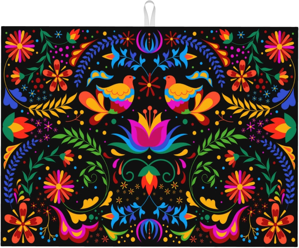 Mexican Flower Microfiber Dish Drying Mat for Kitchen Counter Mexican Dishes Pad Black Dish Drainer Rack Mats 18"x24" Absorbent Washable Reusable