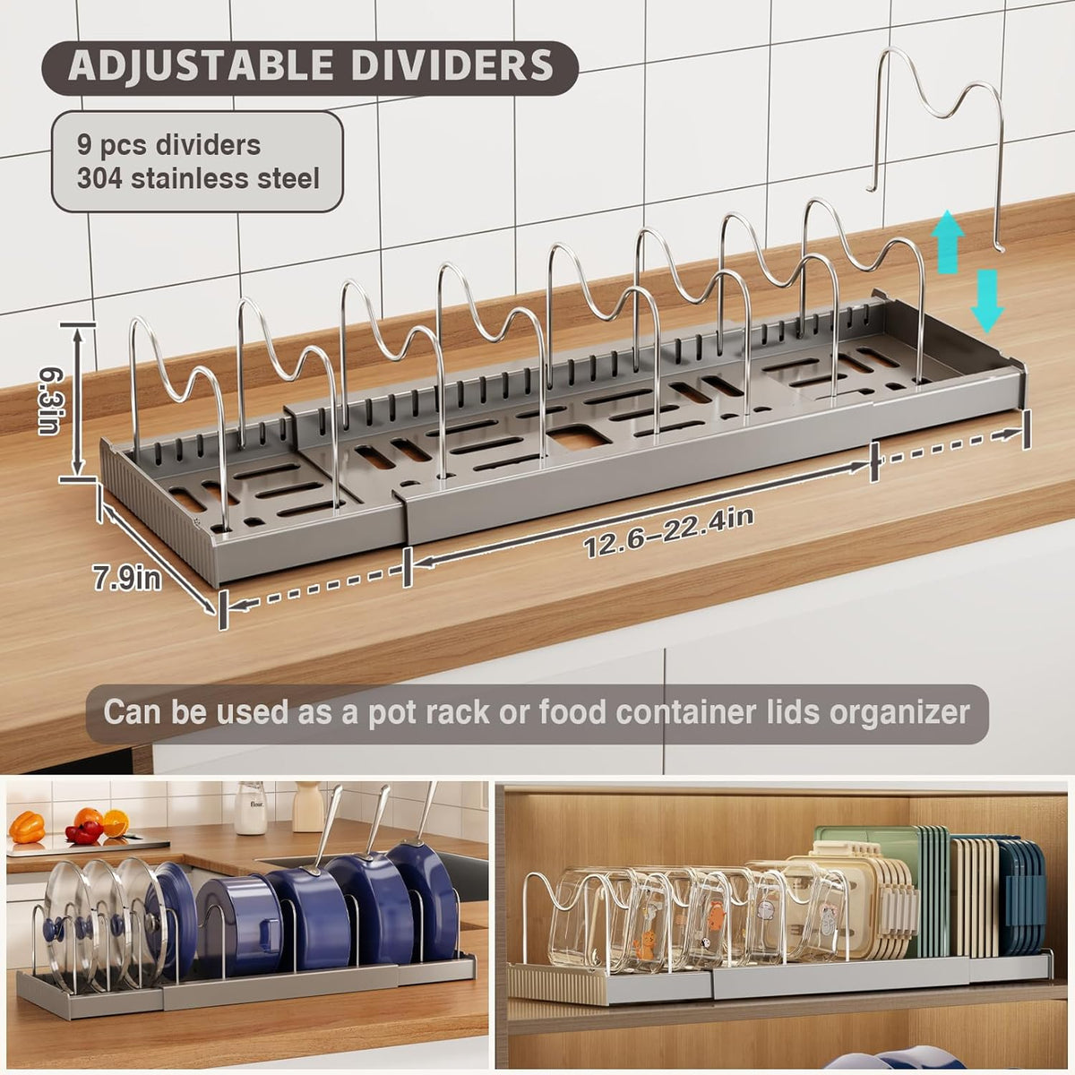 Expandable Food Storage Container Lid Organizers, 22" Pots and Pans Organizer Under Cabinet with 9 Adjustable Dividers Pot and Pan Lid Holders Rack Inside Cabinet(Gray,1 Pack)