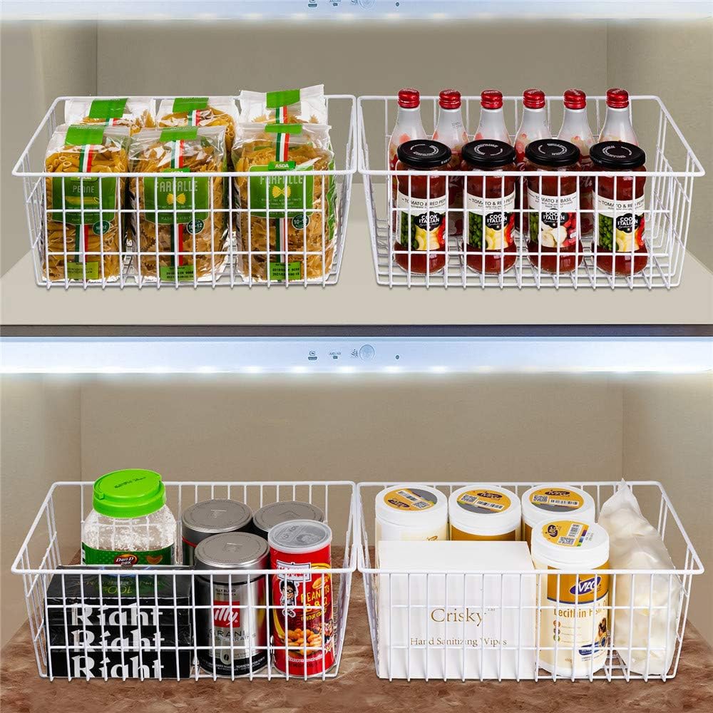 SANNO 14" Freezer Baskets Wire Storage Baskets for Organizing Pantry Organization Bins Cabinets - Metal Basket Kitchen, Laundry, Garage, Fridge, Bathroom Countertop Organizer