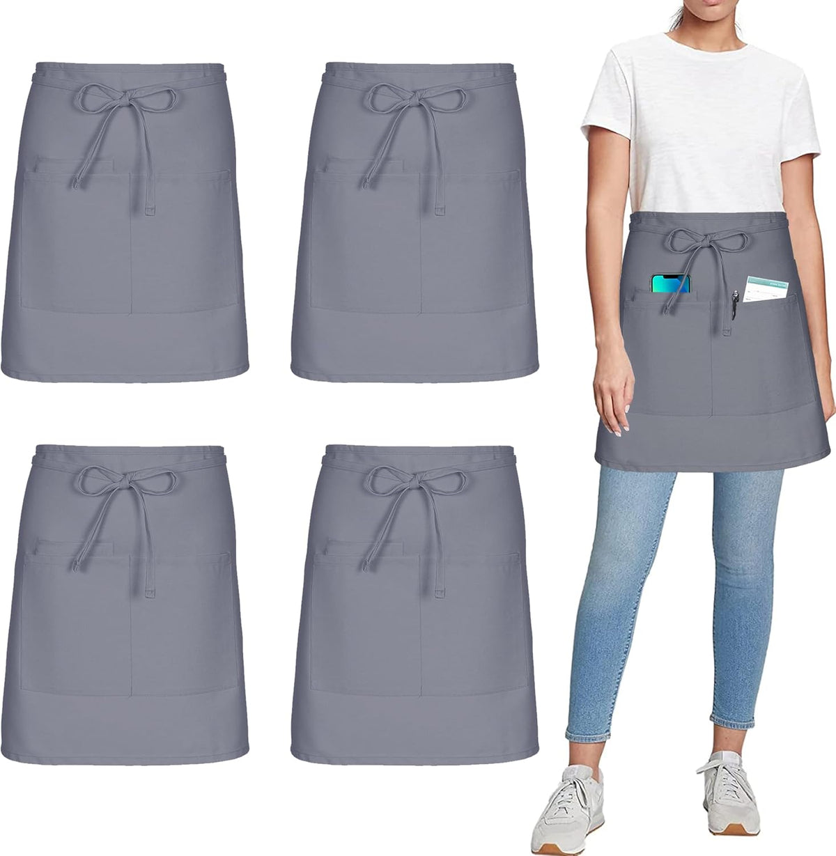 4 Pack Short Server Waitress Chef Apron, Grey Waist Aprons with 3 Pockets for Women Men, Half Apron for Waiter Cooking Dishwashing Cleaning Painting Gardening Barbecue (Polycotton - Grey)