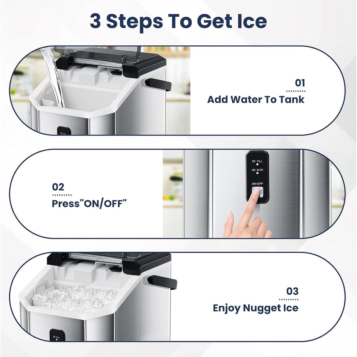 Nugget Ice Makers Countertop, Portable Ice Maker Machine with Self-Cleaning, 35lbs/24Hrs, Crushed Ice Maker with Handle/Basket/Scoop for Home, Kitchen, Office and Camping(Stainless Steel Silver)