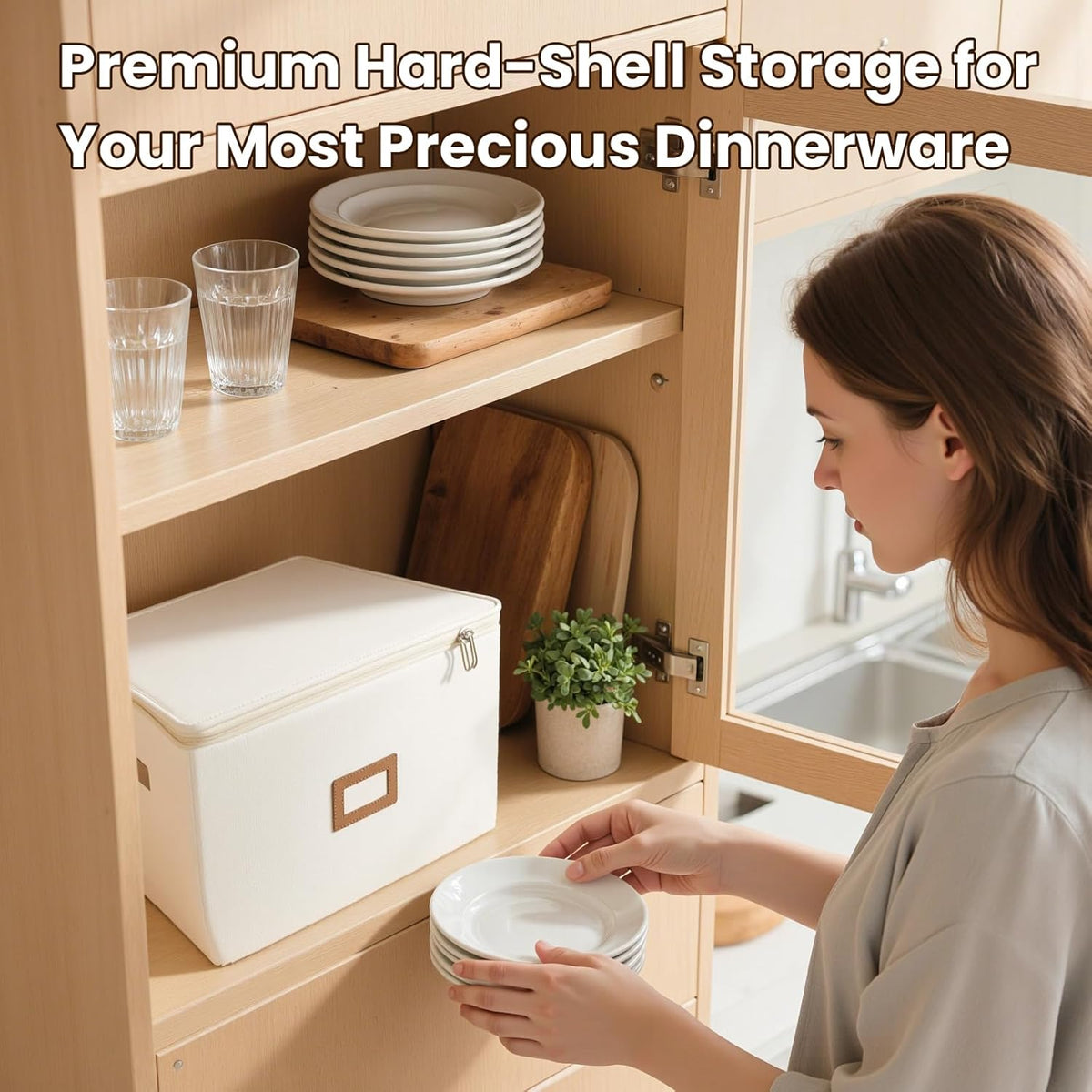 HOMELUX THEORY Plate Storage Box, 2pc 10"x8" Ivory Hard Shell China Storage Containers, Kitchen Storage Bins With Lids, Heavy Duty Moving Box with Handles for Dishes, Dinner Plate & Dinnerware